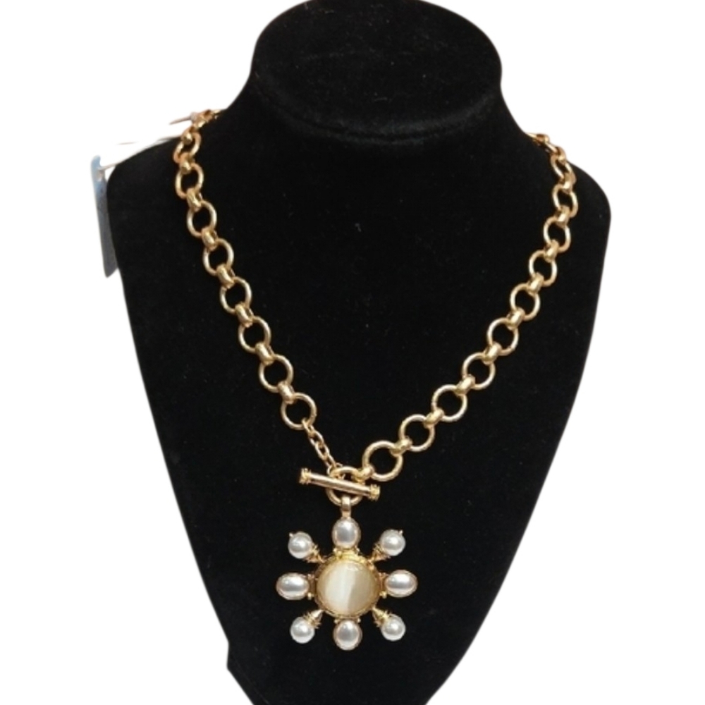 💛▪️Atterri ▪️ Gold Chain 17in Necklace with Sunburst Pearl Pendant